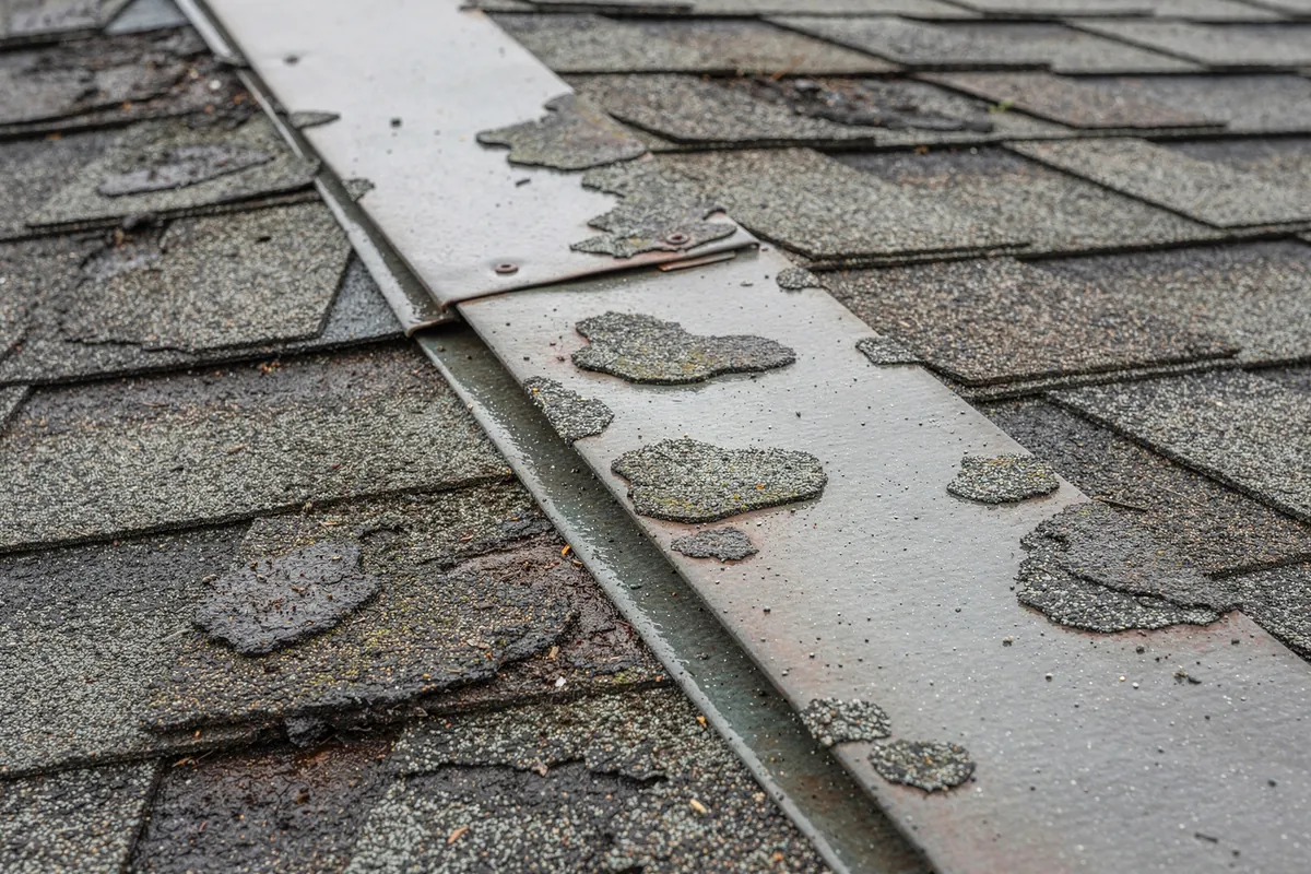 Weathered grey shingles on a damp slope with scattered round marks where the granules have been knocked off, beside a metal flashing.