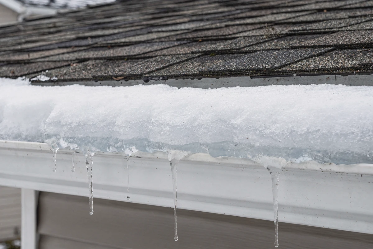 A ridge of packed snow and ice on the lower edge of a shingle roof, with icicles hanging off the white gutter below it.