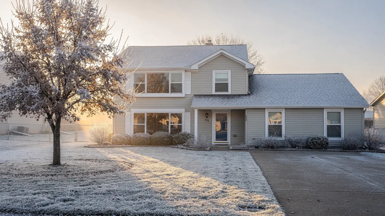 A grey shingle roof on a two storey house, frost still white on the lawn and bare branches against a wide pale sky.